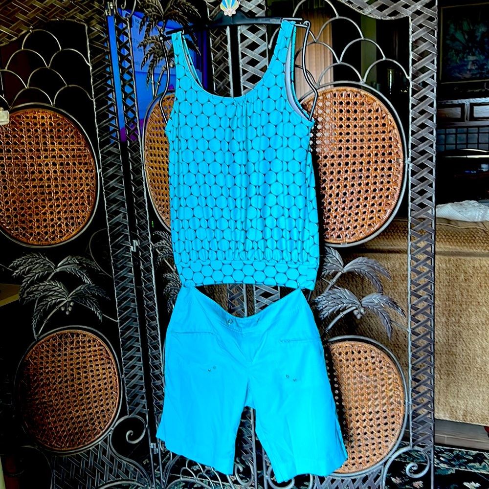 Polka dot swim suit top, outdoor shorts